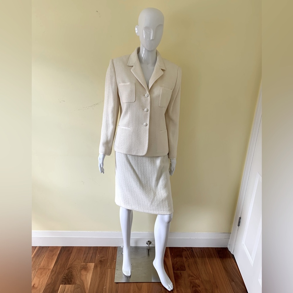 Kasper 2Pc Suit light cream tweed blazer & skirt satin trimmed collar pocket 12P